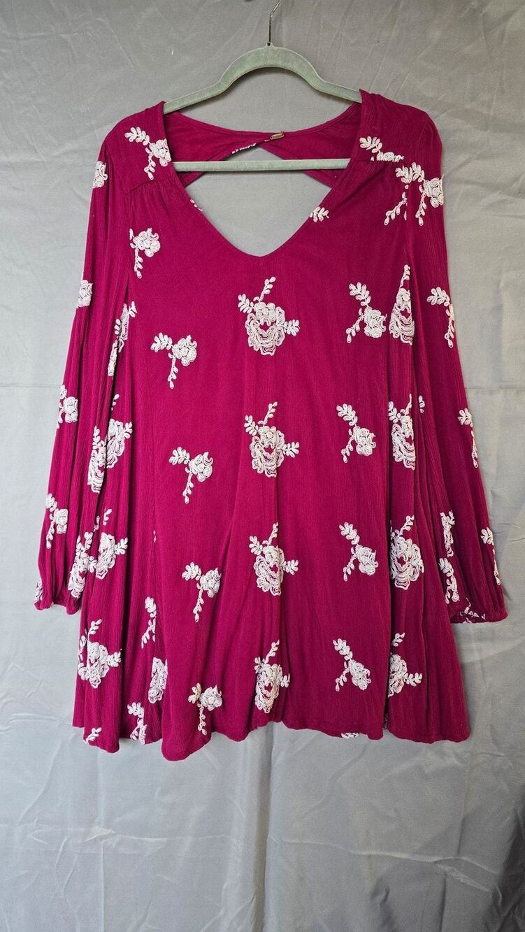 Free People Dress Womens Medium Pink Floral Embroidered Long Sleeve Boho Gauze